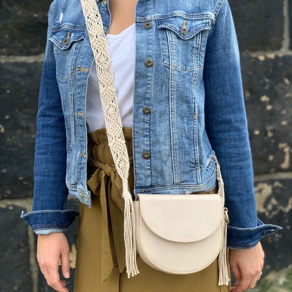 Saddle Bag with Macrame Strap - Ivory
